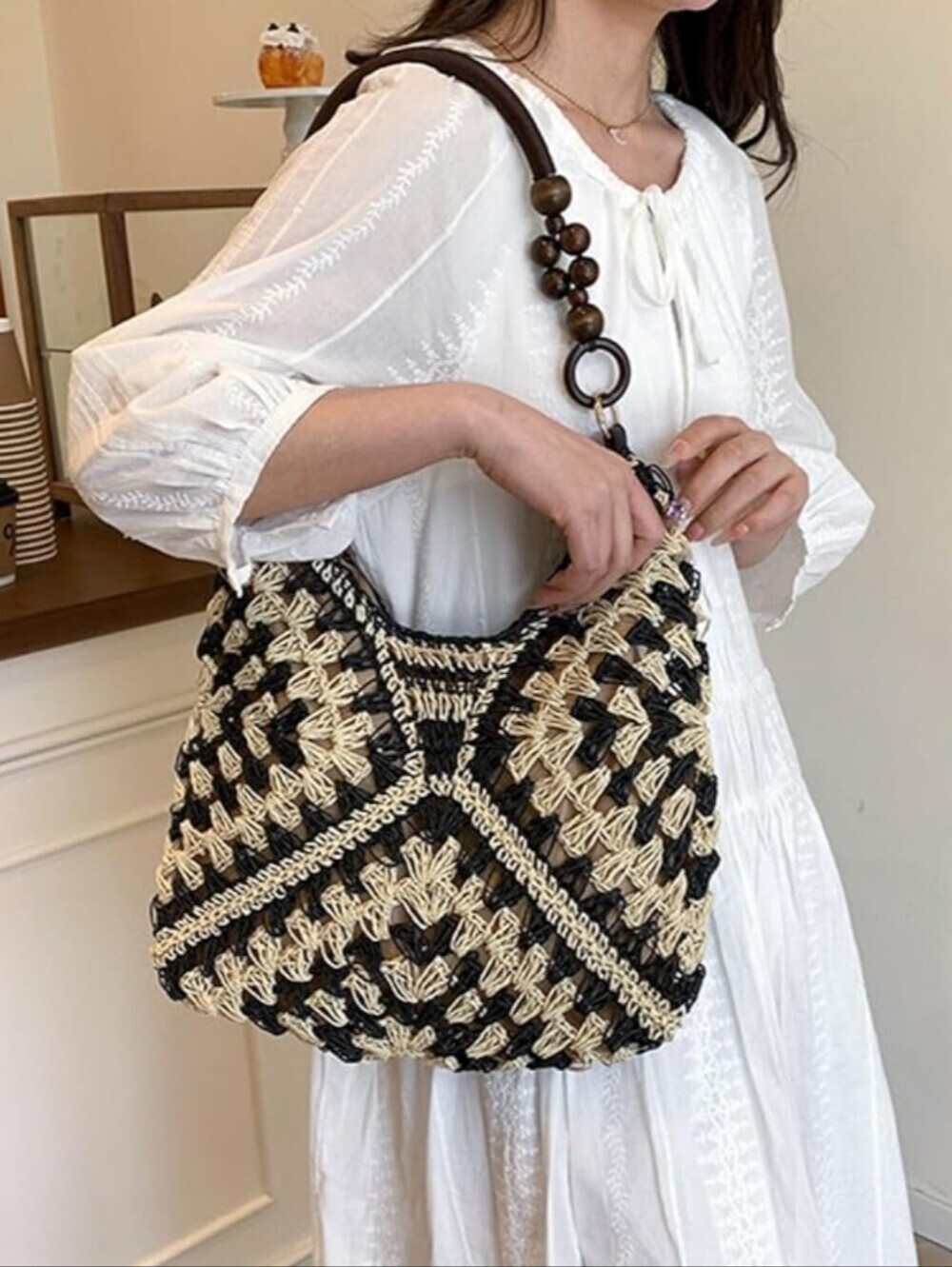 Woven Crochet Hobo Bag with Wooden Bead Handle - Black & Natural - Picture 1 of 6